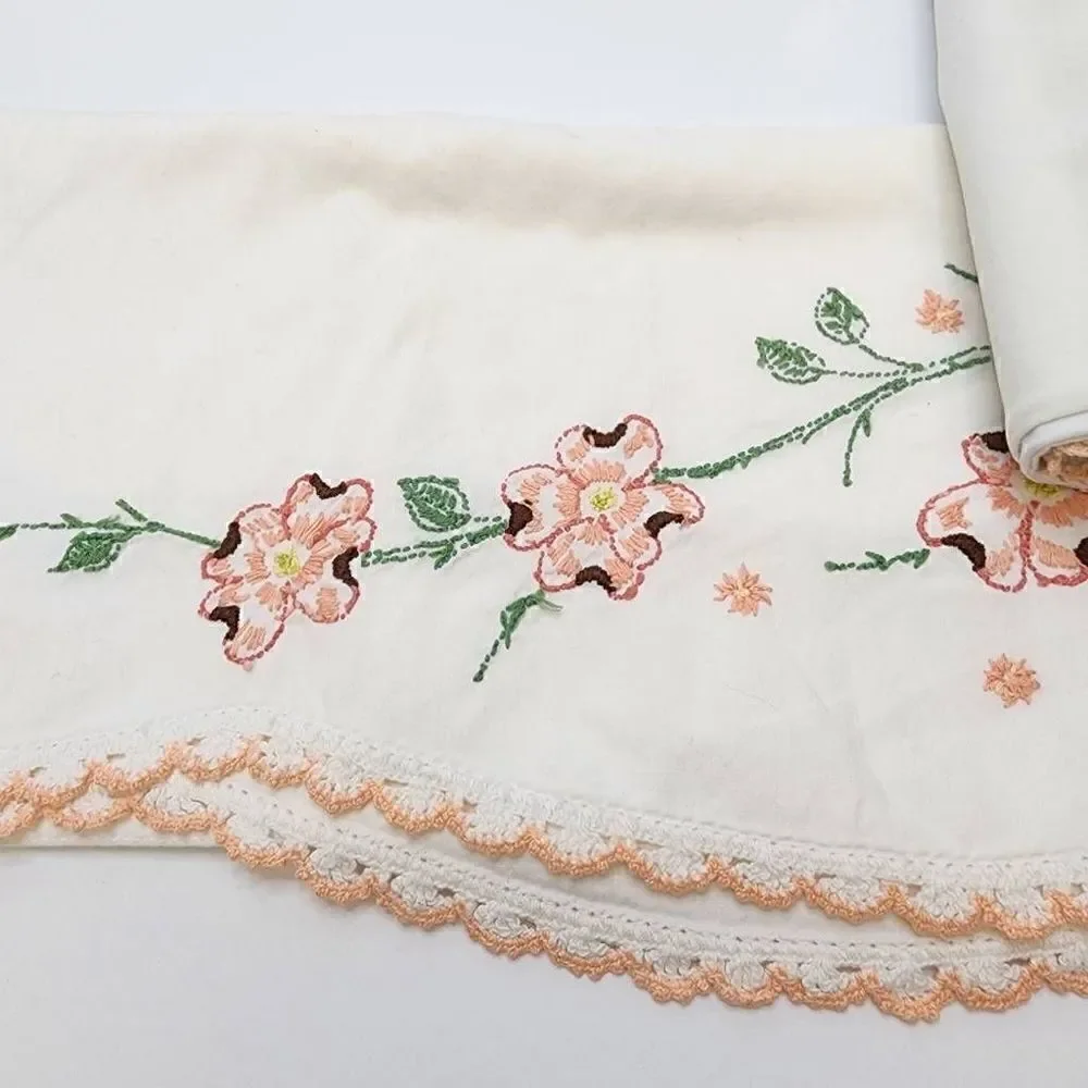 2 Vintage Matching White Pillowcases with Crocheted Edges and Embroidery